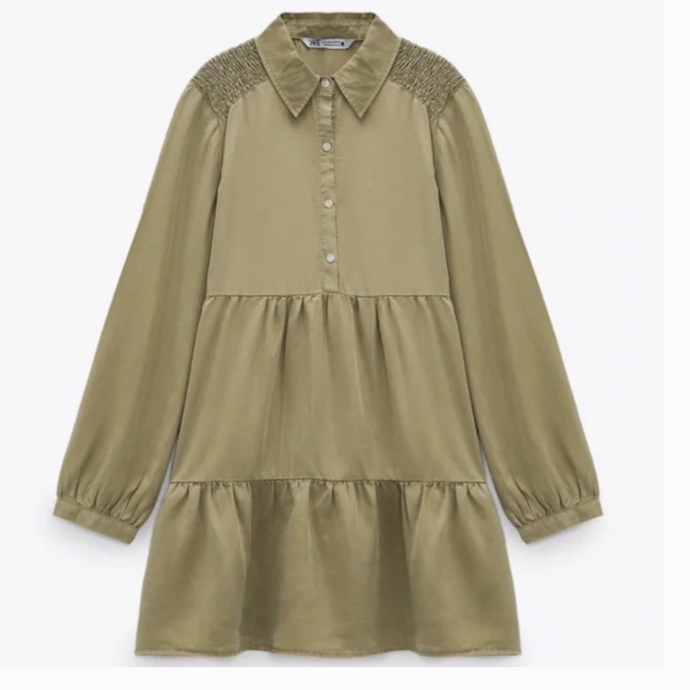 Zara Tiered Mini Dress Olive Green Long Sleeve Size XL NWT! - Silk Like